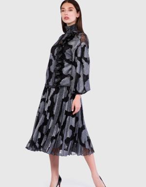 Metallic Lace Midi Length Pleated Black Skirt
