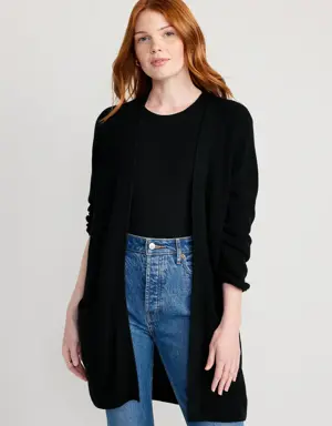 Textured Long-Line Open-Front Sweater for Women black