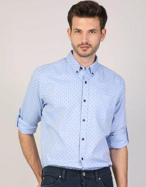 Regular Fit Shirt Neck Erkek Mavi Uzun Kol Gömlek