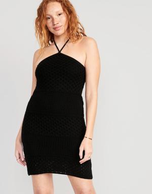 Halter Tie-Strap Crochet Mini Dress for Women black