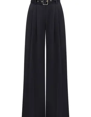 Belted Wide Leg Trousers - 4 / NAVY