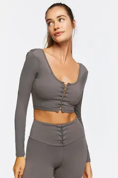 Forever 21 Forever 21 Active Lace Up Long Sleeve Crop Top Charcoal. 2