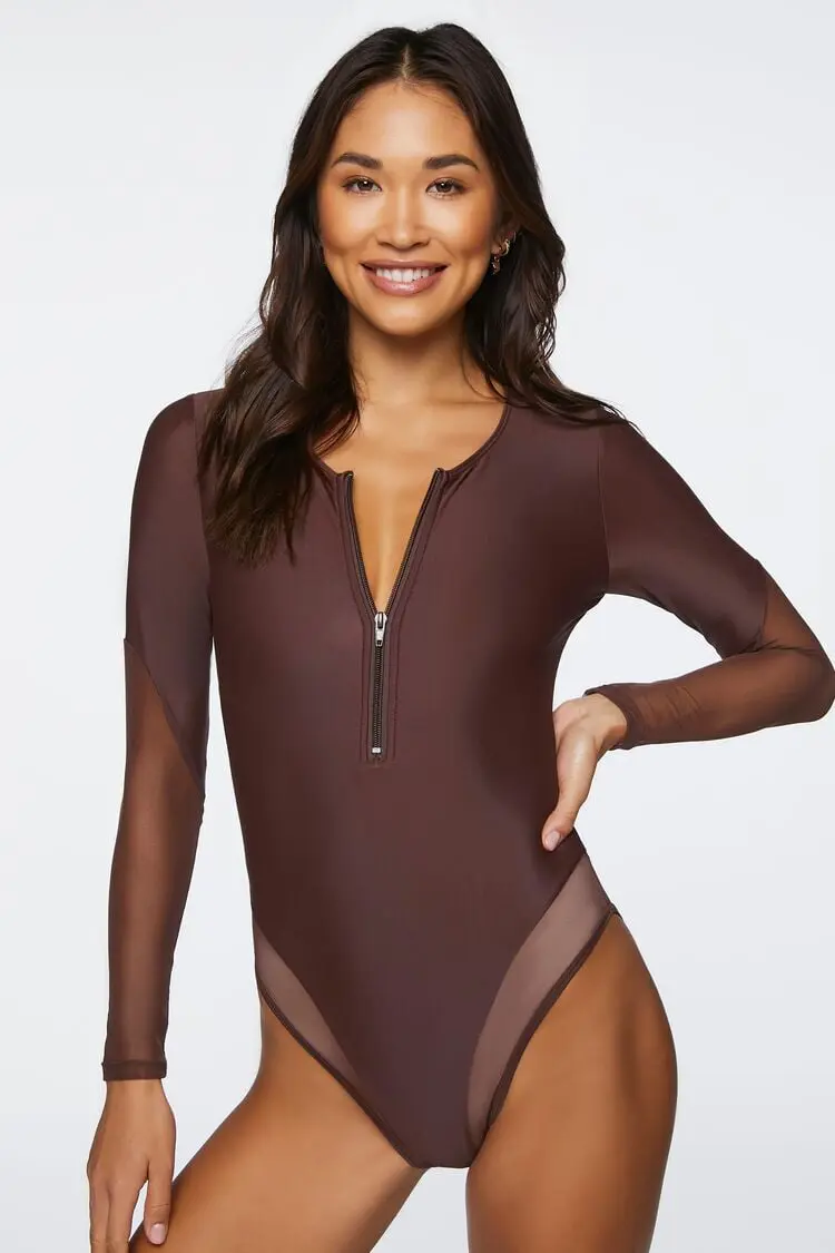 Forever 21 Forever 21 Half Zip One Piece Swimsuit Brown. 1