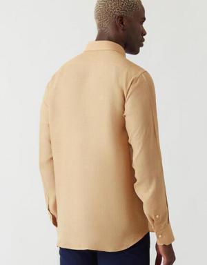 Men’s Regular Fit Long Sleeve Linen Shirt CAMEL