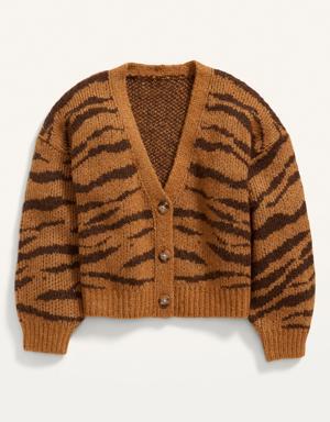 Cropped Textured Jacquard Button-Front Cardigan Sweater for Girls brown