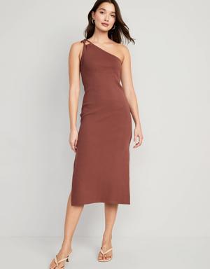 Old Navy Fitted One-Shoulder Double-Strap Rib-Knit Midi Dress for Women beige
