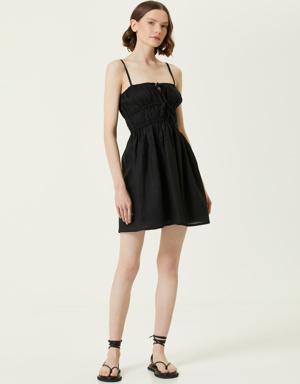 Siyah Büzgü Detaylı Mini Keten Elbise