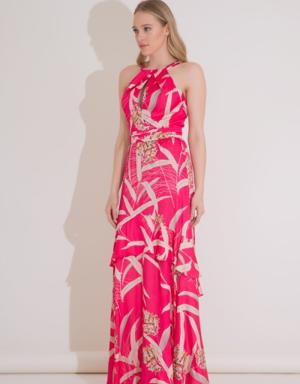 Floral Leaf Patterned Long Pink Viscose Dress