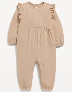 Long-Sleeve Rib-Knit Ruffle-Trim Jumpsuit for Baby brown