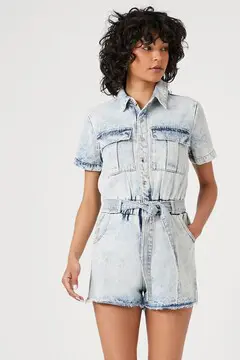 Forever 21 Forever 21 Belted Short Sleeve Denim Romper Light Denim. 2