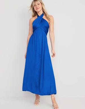 Fit & Flare Wrap-Neck Satin Maxi Dress for Women blue