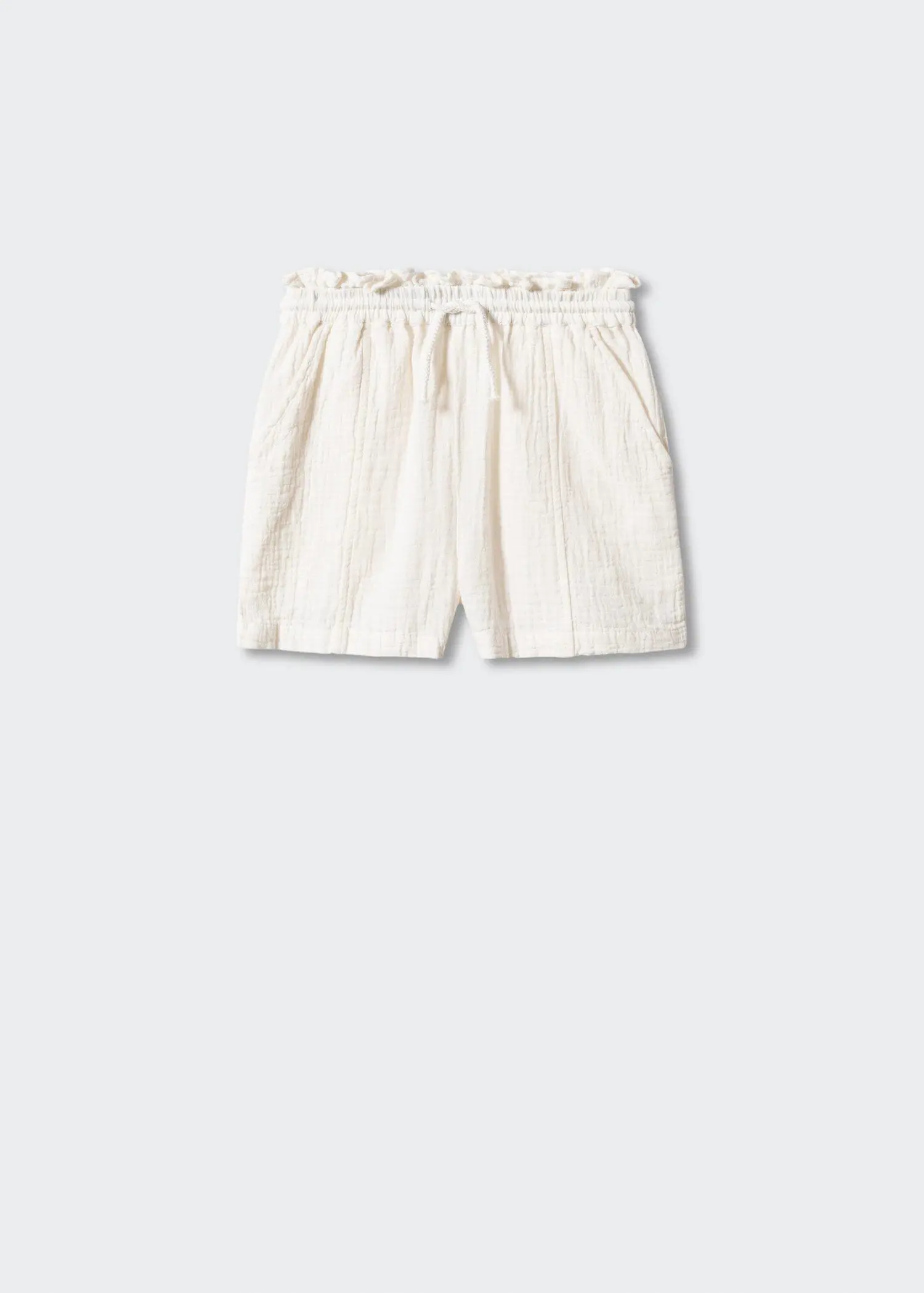 Mango Shorts with gathered detail . a pair of white shorts with ruffles on the waist. 