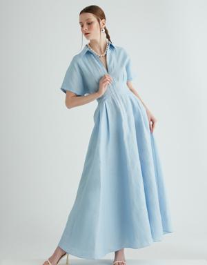 Zip Front Pleat Detailed Ankle Length Blue Dress