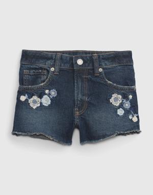 Kids High Rise Embroidered Shortie Shorts with Washwell blue
