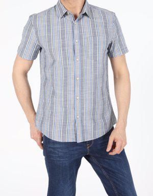 Antrasit Slim Fit Shirt Neck Erkek Kısa Kol Gömlek
