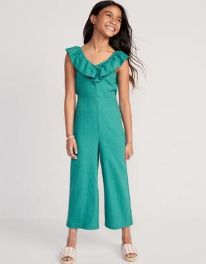 Sleeveless Ruffle-Trim Linen-Blend Jumpsuit for Girls green