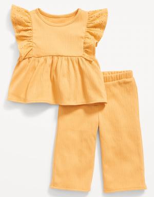 Sleeveless Ruffle & Eyelet-Trim Top & Wide-Leg Pants Set for Baby yellow