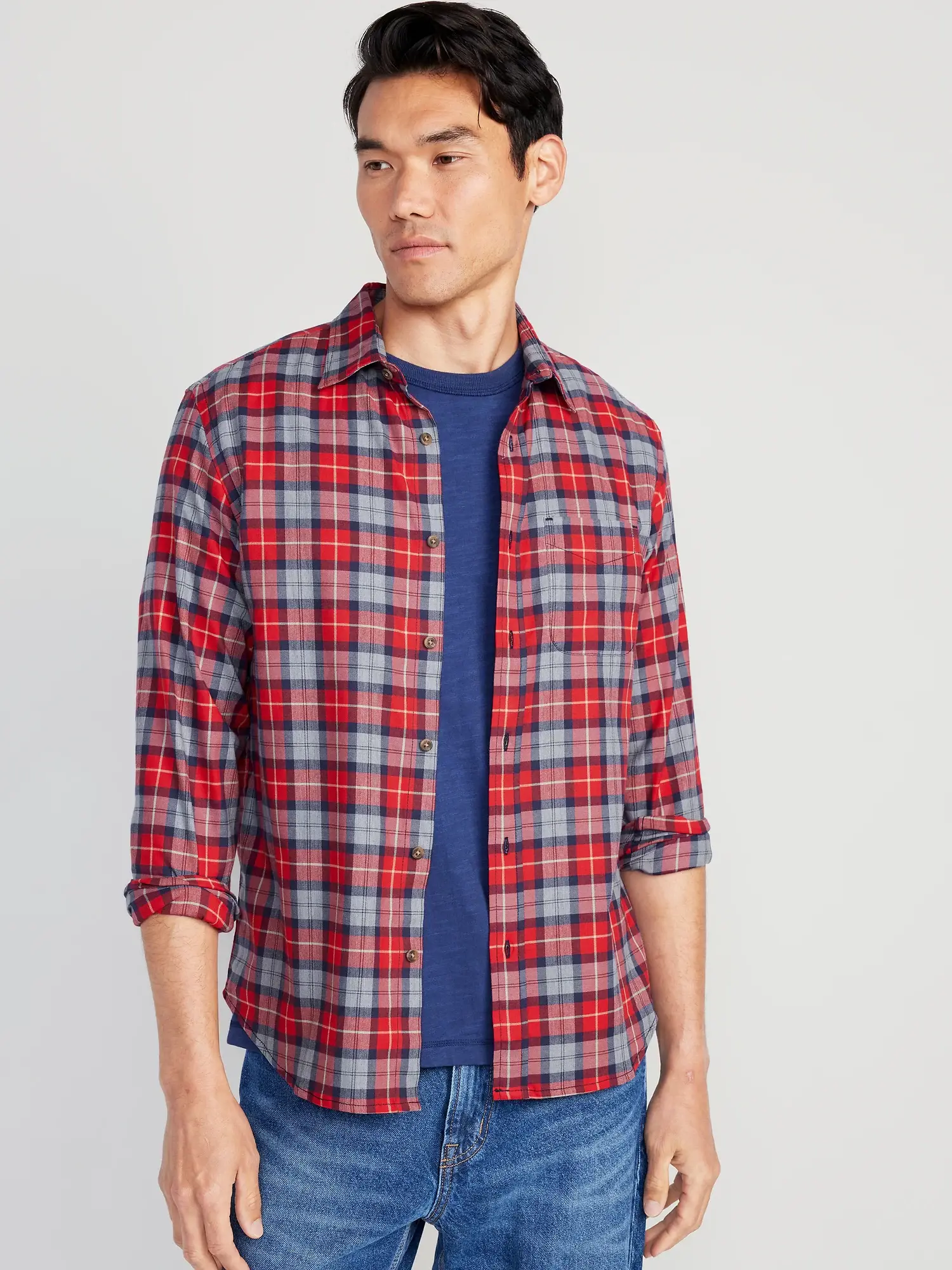 Old Navy Regular-Fit Built-In Flex Everyday Plaid Shirt red. 1