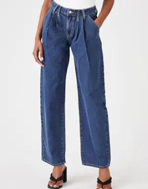 Forever 21 Recycled Cotton Pleated Wide Leg Jeans Dark Denim