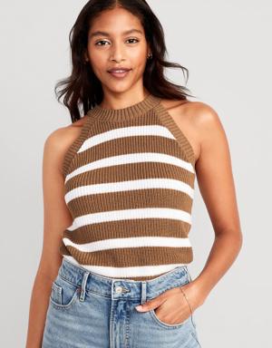 Sleeveless Striped Shaker-Stitch Cropped Sweater for Women brown