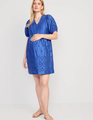 Maternity Puff-Sleeve Cutwork Mini Dress blue