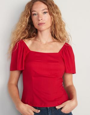Flutter-Sleeve Smocked Top for Women red