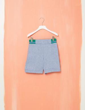 Blue Cotton Shorts with Colorful Knitwear Detail