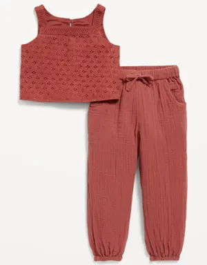 Sleeveless Crochet-Knit Top & Jogger Pants Set for Toddler Girls red