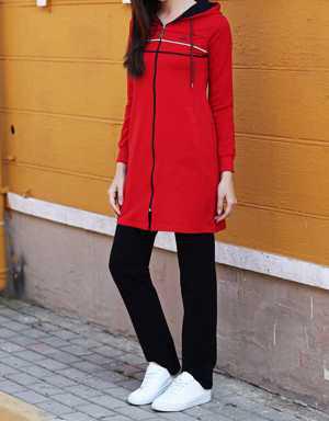 Kırmızı - Lacivert Kapüşonlu Fermuar Cepli Rahat Form Klasik Paça Kadın Eşofman Tunik Takım - 95131