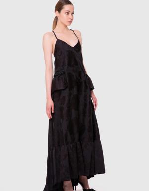 Rope Strap V-Neck, Stripe Detailed Black Long Dress