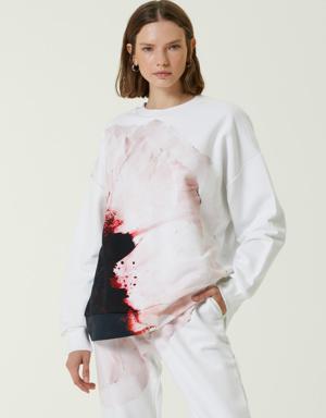 Beyaz Bisiklet Yaka Baskılı Sweatshirt