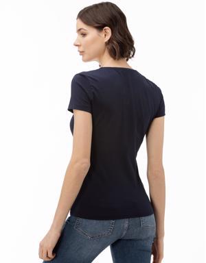 Kadın Slim Fit V Yaka Lacivert T-Shirt