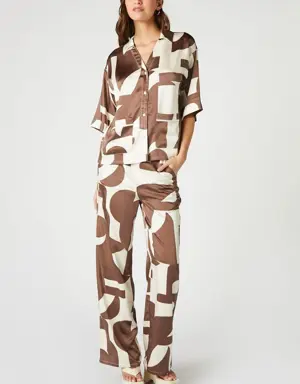 Forever 21 Abstract Print Shirt &amp; Pants Set Brown/Multi