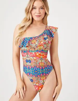 Forever 21 Ornate One Shoulder One Piece Swimsuit Fuchsia/Multi