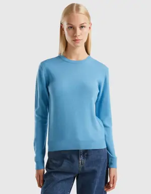 light blue crew neck sweater in merino wool