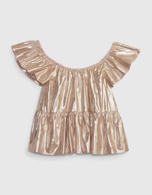 Kids Metallic Flutter Sleeve Top beige