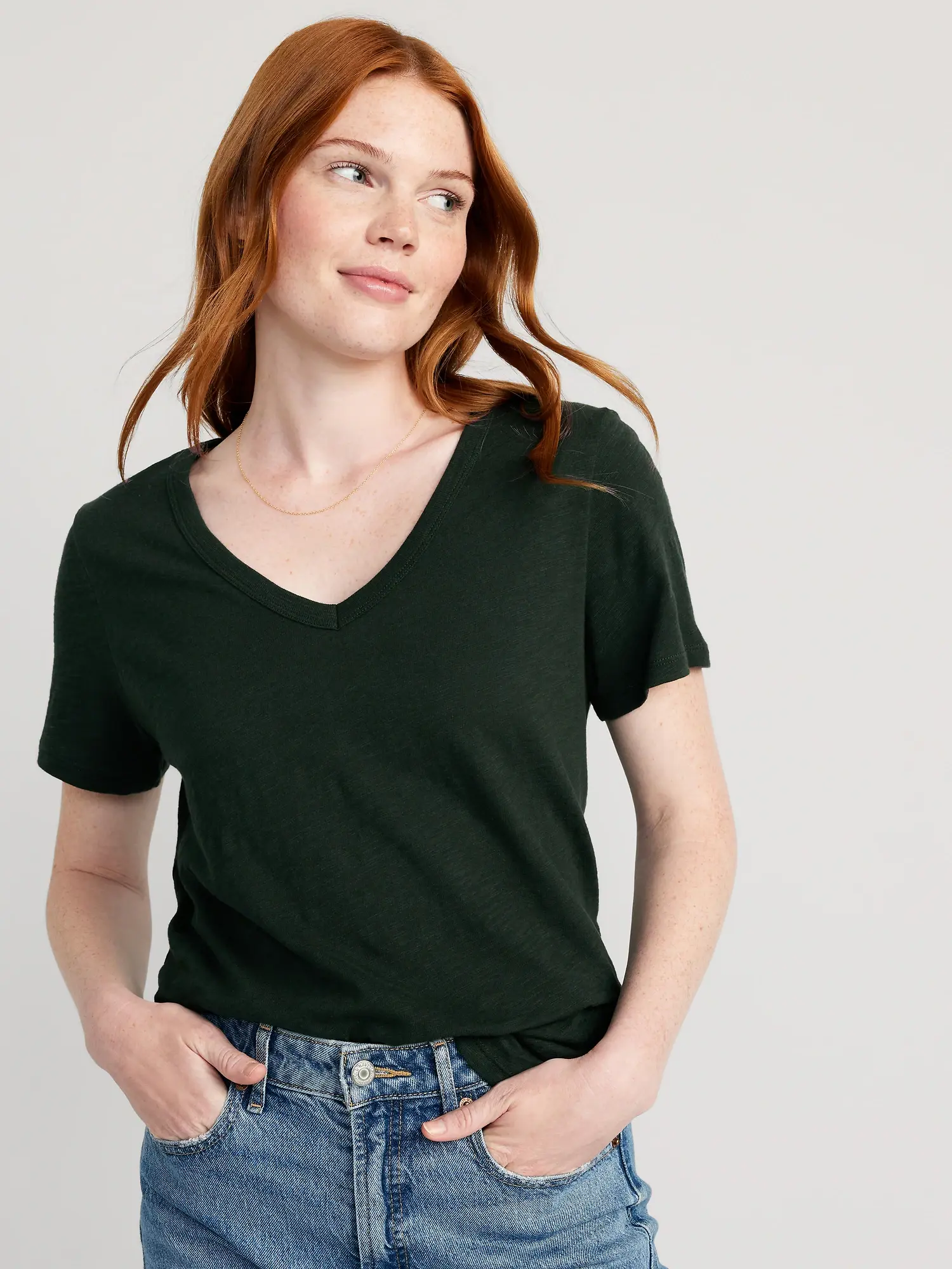 Old Navy EveryWear V-Neck Slub-Knit T-Shirt for Women green. 1