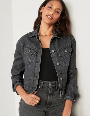 Cropped Black-Wash Non-Stretch Jean Jacket for Women black