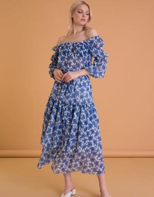 Floral Patterned Ruffle Blue Long Skirt