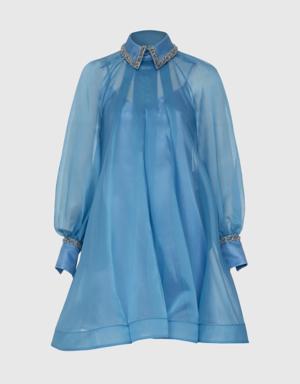 Transparan Detaylı Mavi Elbise
