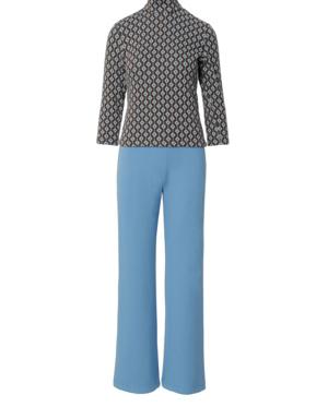 Contrast Patterned Stand Up Collar Three Quarter Sleeve Casual Cut Trousers Blue Knitwear Suit