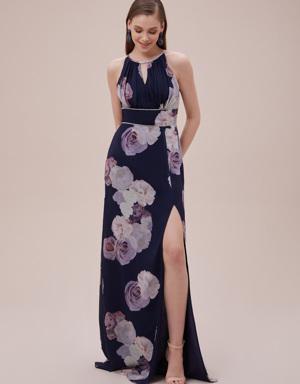 Lacivert Çiçek Desenli Halter Yaka Şifon Uzun Elbise