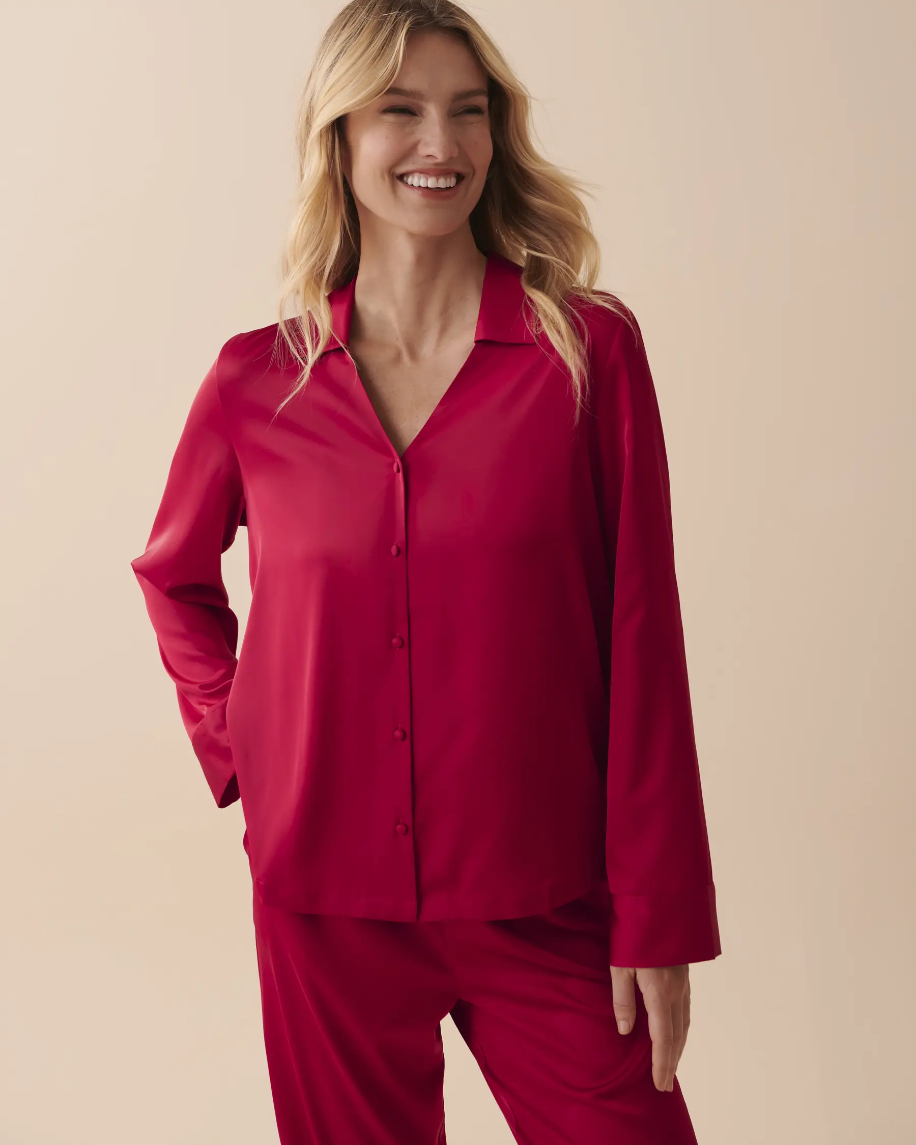 La Vie en Rose Satin Long Sleeve Button-down Shirt. 1