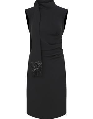 Sequin Detail Tie Collar Black Sheath Dress
