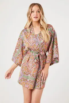 Forever 21 Forever 21 Belted Satin Ornate Print Kimono Green/Multi. 2