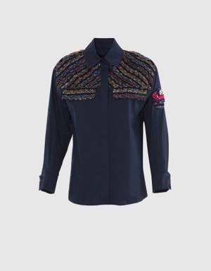 Garni Fabric Detailed Embroidered Navy Blue Shirt