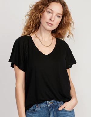 Oversized V-Neck Linen-Blend Tunic T-Shirt for Women black