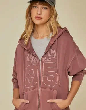 Forever 21 New York Graphic Zip Up Hoodie Burgundy/Cream