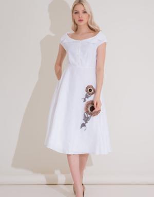 Applique Floral Embroidery Calf Length Ecru Dress