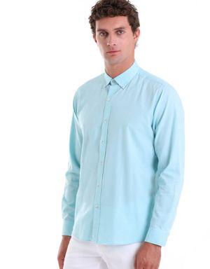 Yeşil Comfort Fit Düz 100% Pamuk Slim Yaka Uzun Kollu Casual Oxford Gömlek